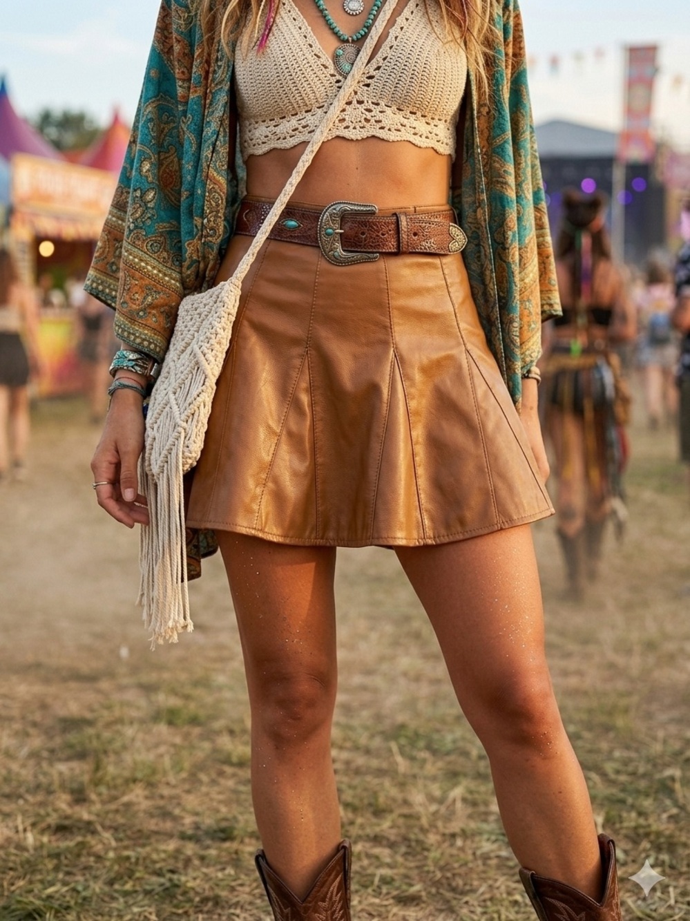 French Kiss Brown Faux Leather Pleated Mini Skirt Flare A-Line Festival Boho M